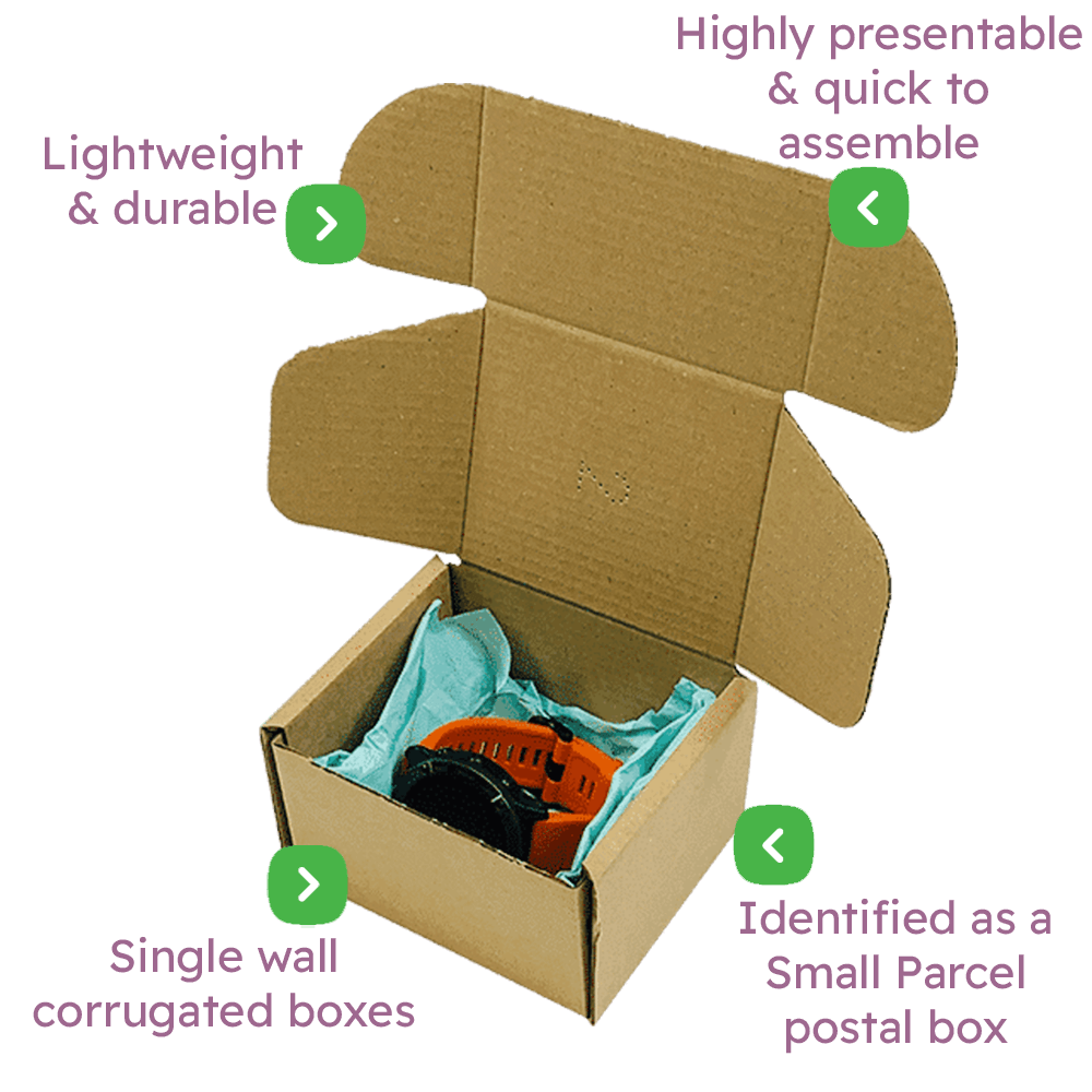 Brown PiP Small Parcel Postal Box - 110x100x70mm Infographic