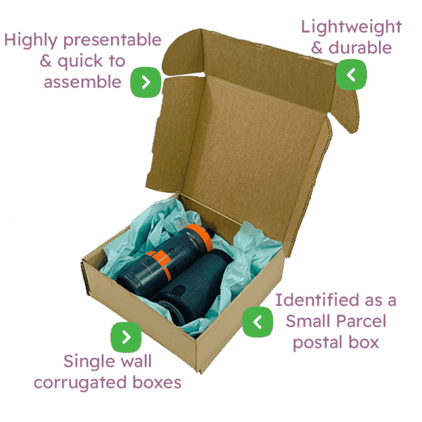 Brown PiP Small Parcel Postal Box – 240x240x80mm Infographic