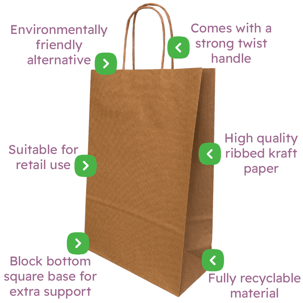 Ribbed Kraft Premium Brown Twist Handle Paper Carrier Bags Infographic