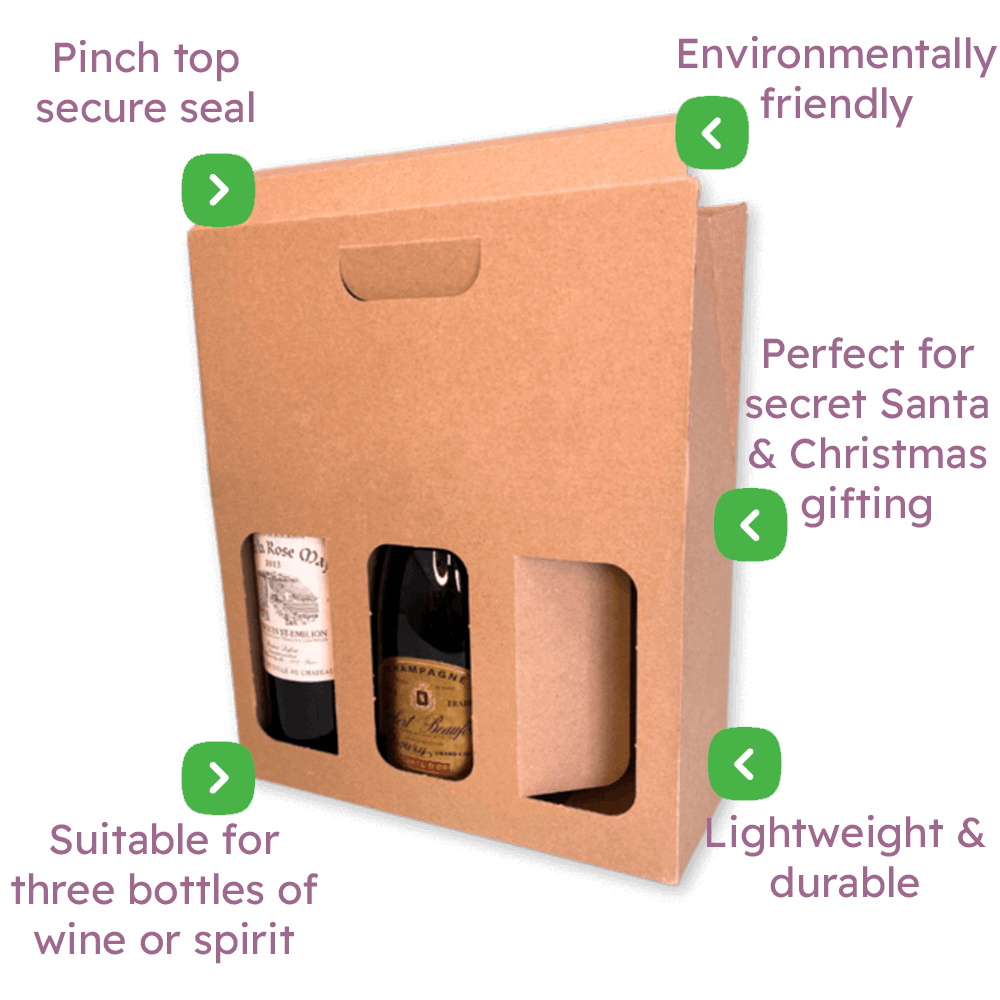 Triple Bottle Brown Pinch Top Bottle Carrier Box - 273x91x323mm
